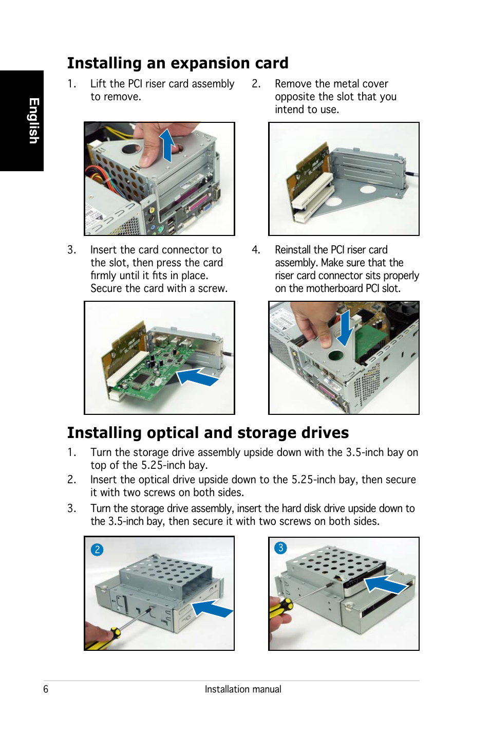 Installing optical and storage drives, Installing an expansion card, English | Asus PC (Desktop Barebone) P2-P5945G User Manual | Page 6 / 80