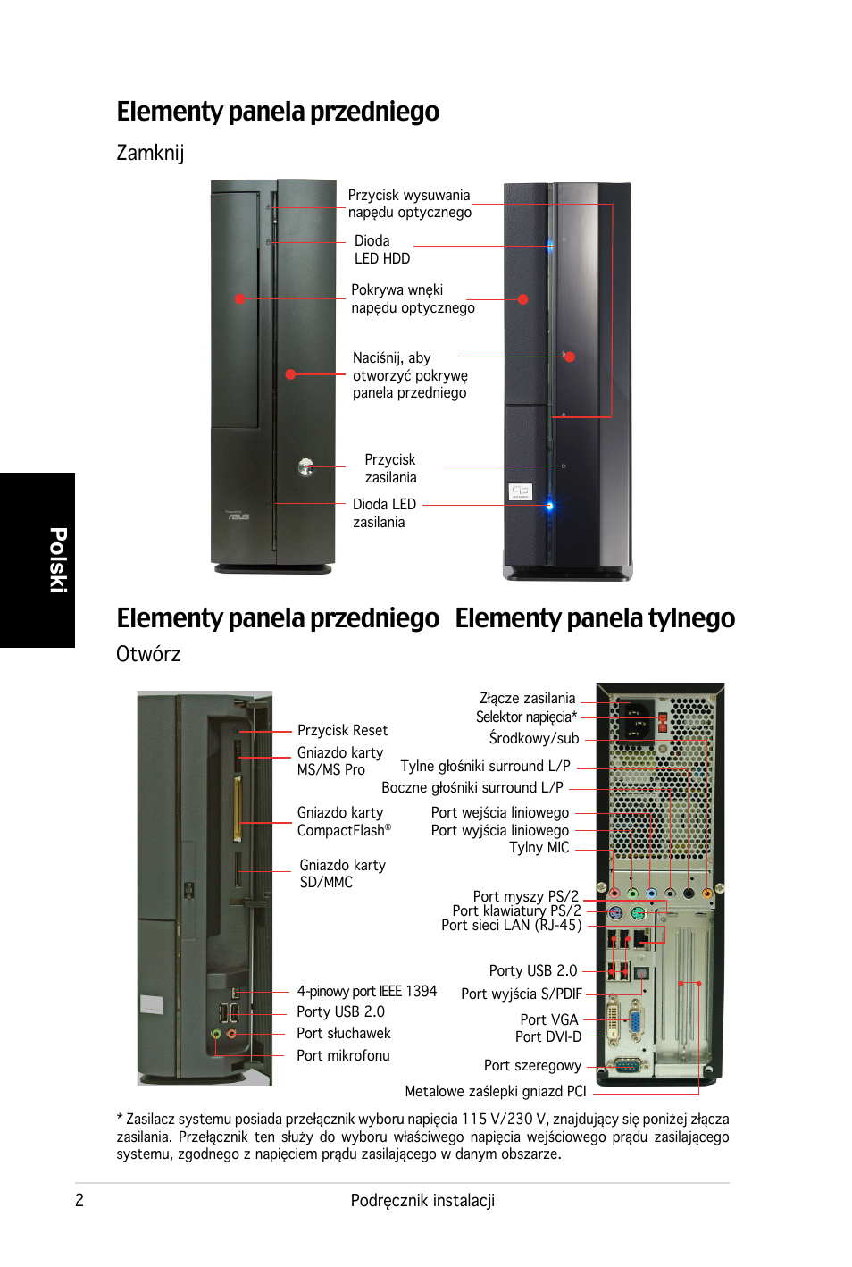 Elementy panela tylnego elementy panela przedniego, Elementy panela przedniego, Polski | Zamknij otwórz | Asus PC (Desktop Barebone) P2-P5945G User Manual | Page 66 / 80