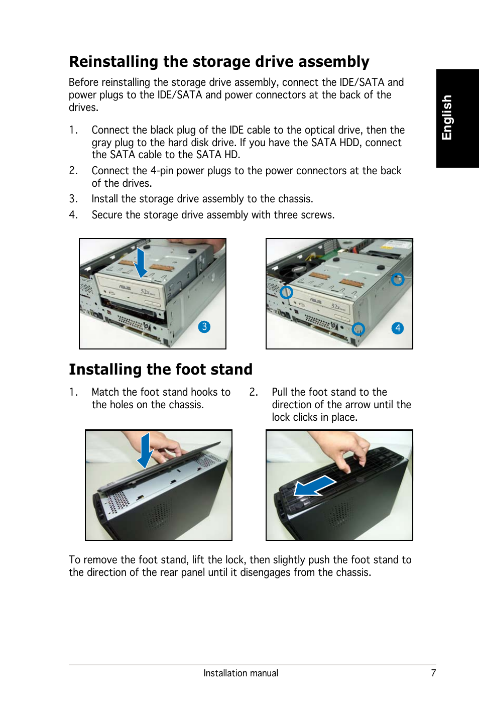 Reinstalling the storage drive assembly, Installing the foot stand, English | Asus PC (Desktop Barebone) P2-P5945G User Manual | Page 7 / 80