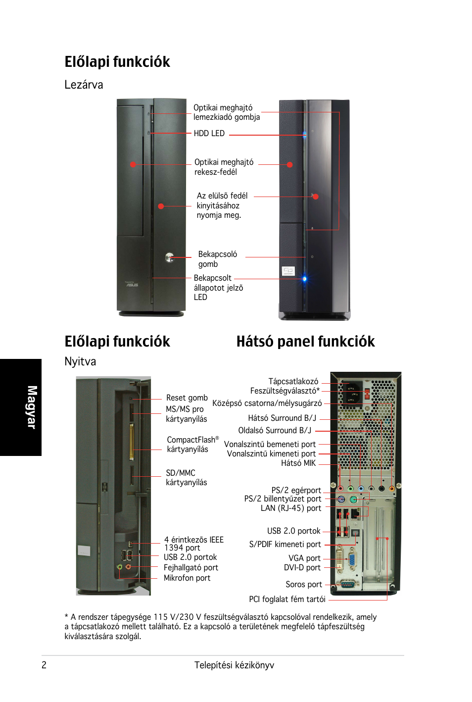 Hátsó panel funkciók előlapi funkciók, Előlapi funkciók, Magyar | Lezárva nyitva | Asus PC (Desktop Barebone) P2-P5945G User Manual | Page 74 / 80