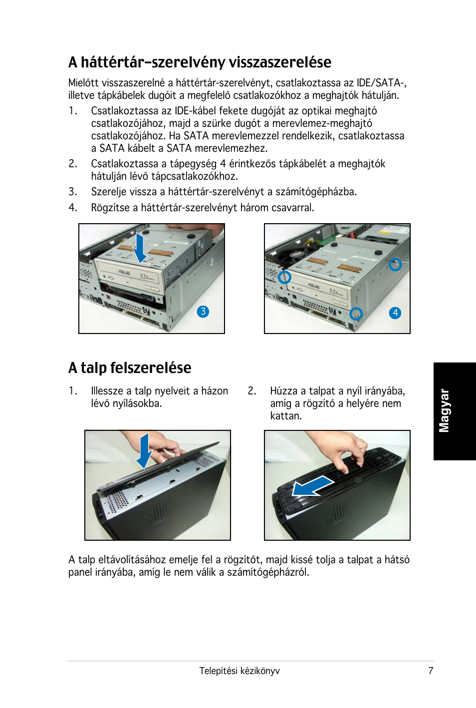 A háttértár-szerelvény visszaszerelése, A talp felszerelése, Magyar | Asus PC (Desktop Barebone) P2-P5945G User Manual | Page 79 / 80