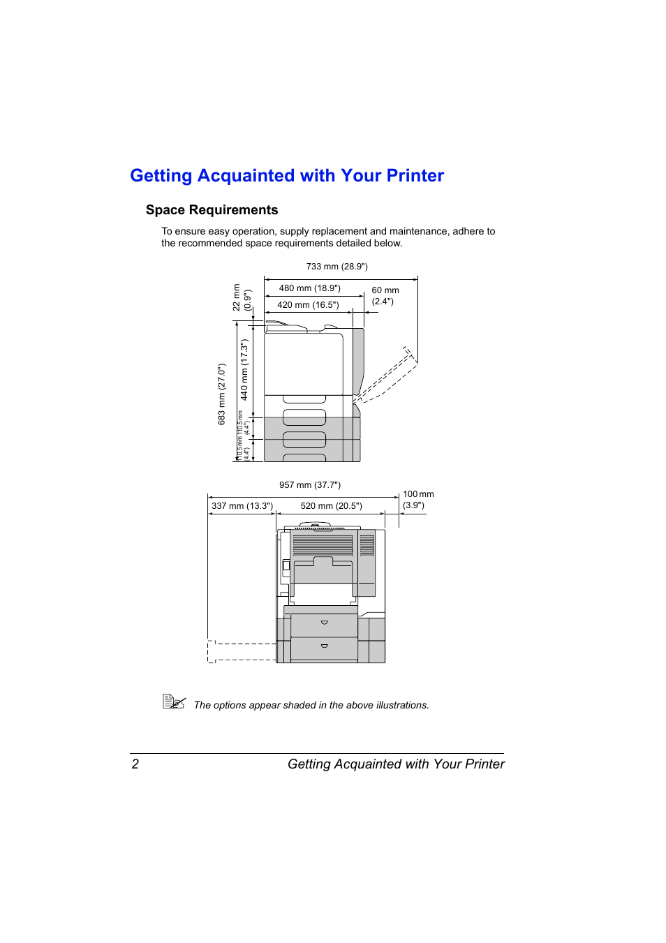 Getting acquainted with your printer, Space requirements, Getting acquainted with your printer 2 | Space requirements 2 | Konica Minolta Magicolor 5430 User Manual | Page 10 / 152