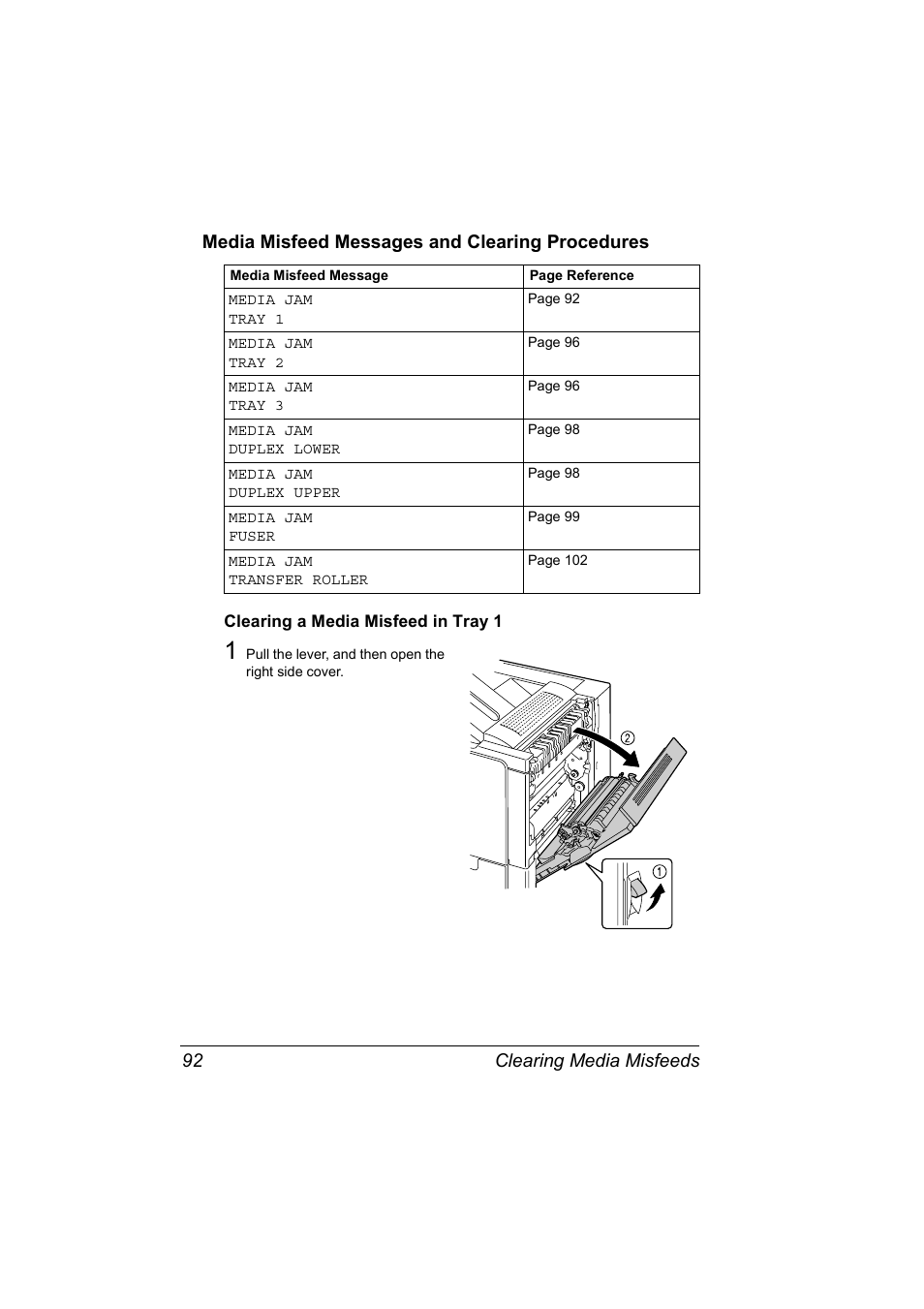 Media misfeed messages and clearing procedures, Clearing a media misfeed in tray 1, Media misfeed messages and clearing procedures 92 | Clearing a media misfeed in tray 1 92 | Konica Minolta Magicolor 5430 User Manual | Page 100 / 152