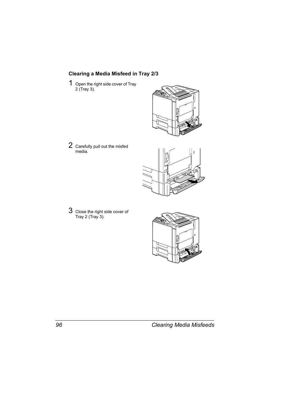 Clearing a media misfeed in tray 2/3, Clearing a media misfeed in tray 2/3 96 | Konica Minolta Magicolor 5430 User Manual | Page 104 / 152