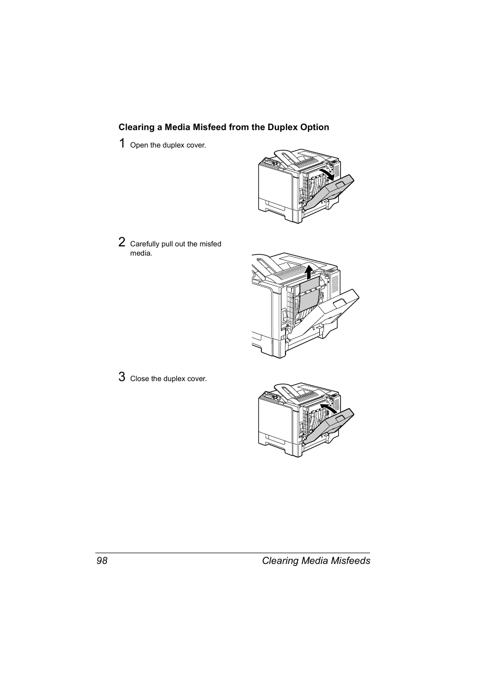 Clearing a media misfeed from the duplex option, Clearing a media misfeed from the duplex option 98 | Konica Minolta Magicolor 5430 User Manual | Page 106 / 152