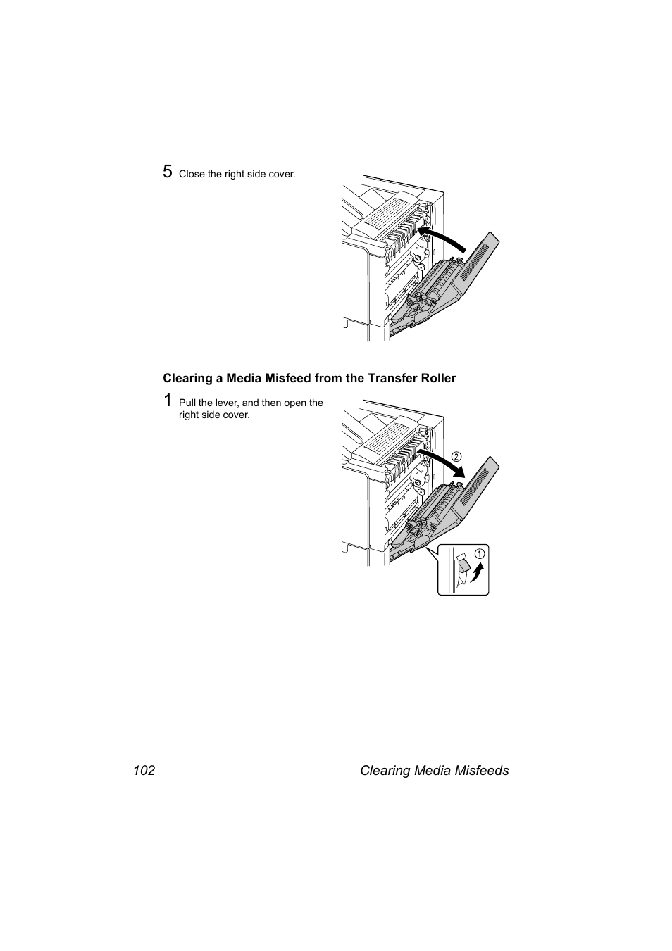 Clearing a media misfeed from the transfer roller | Konica Minolta Magicolor 5430 User Manual | Page 110 / 152