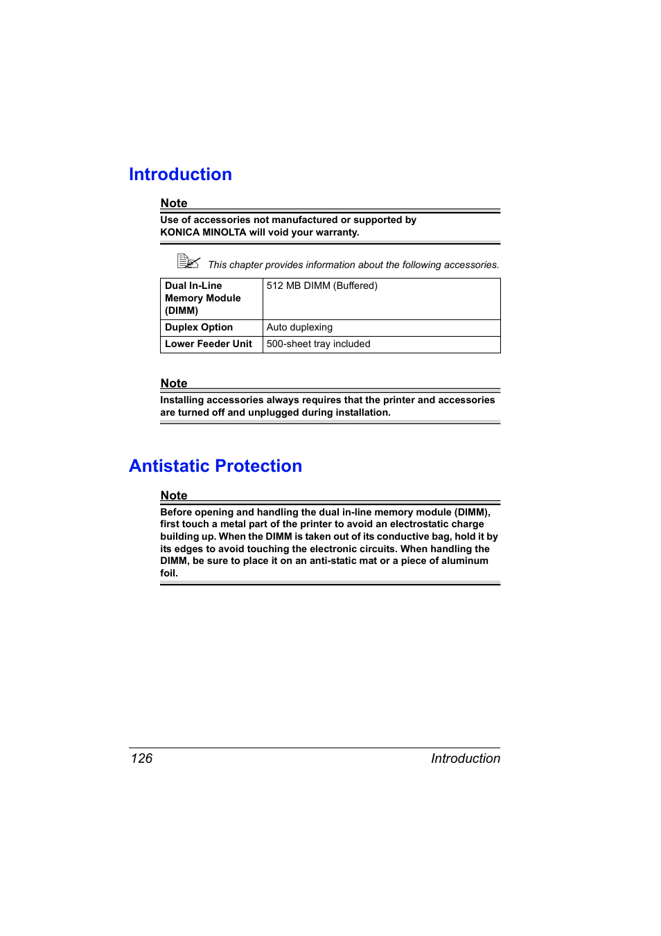 Introduction, Antistatic protection, Introduction 126 antistatic protection 126 | Konica Minolta Magicolor 5430 User Manual | Page 134 / 152