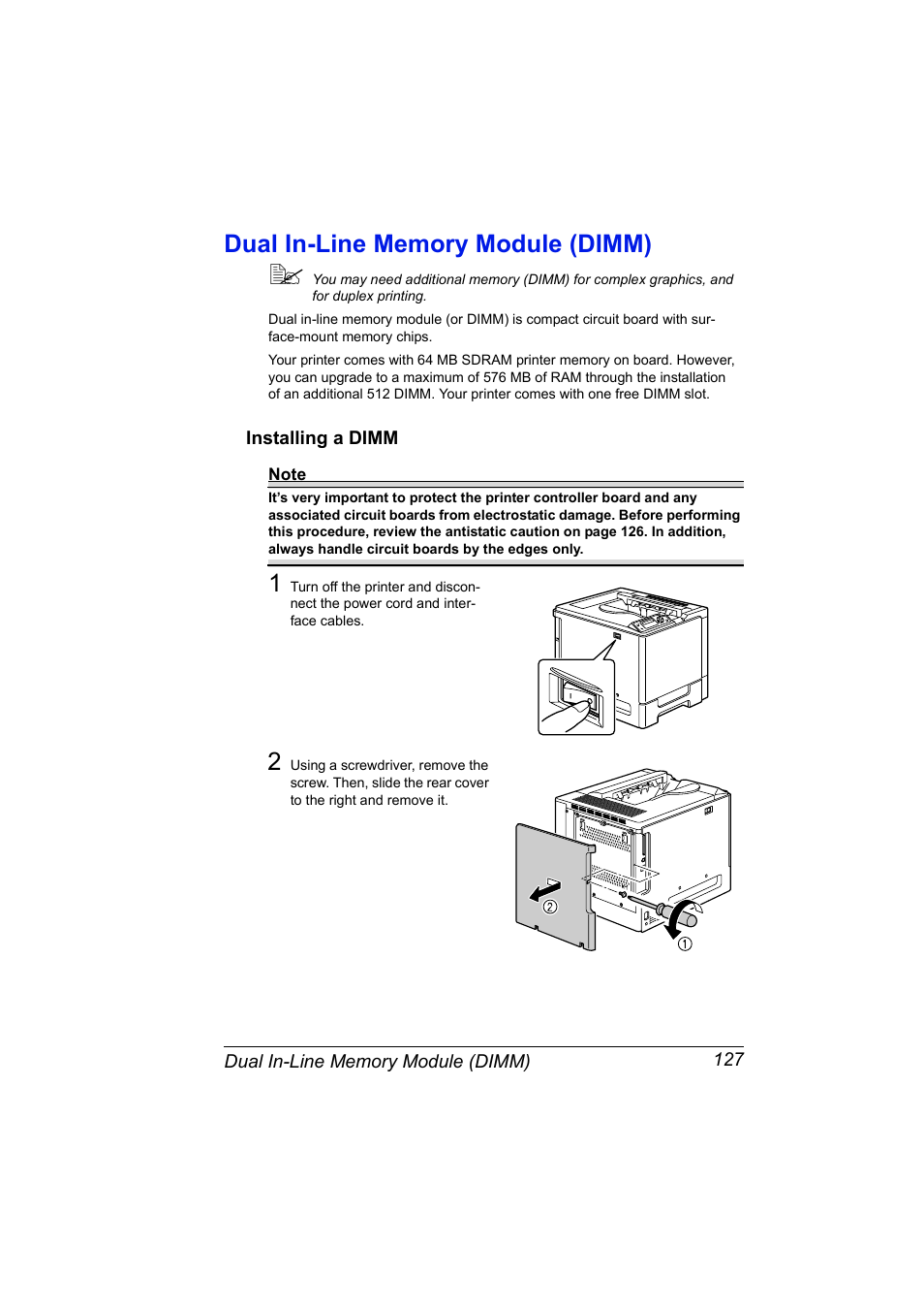 Dual in-line memory module (dimm), Installing a dimm, Dual in-line memory module (dimm) 127 | Installing a dimm 127 | Konica Minolta Magicolor 5430 User Manual | Page 135 / 152