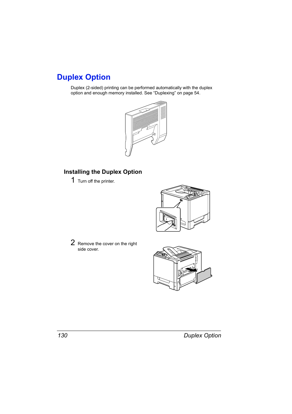 Duplex option, Installing the duplex option, Duplex option 130 | Installing the duplex option 130 | Konica Minolta Magicolor 5430 User Manual | Page 138 / 152