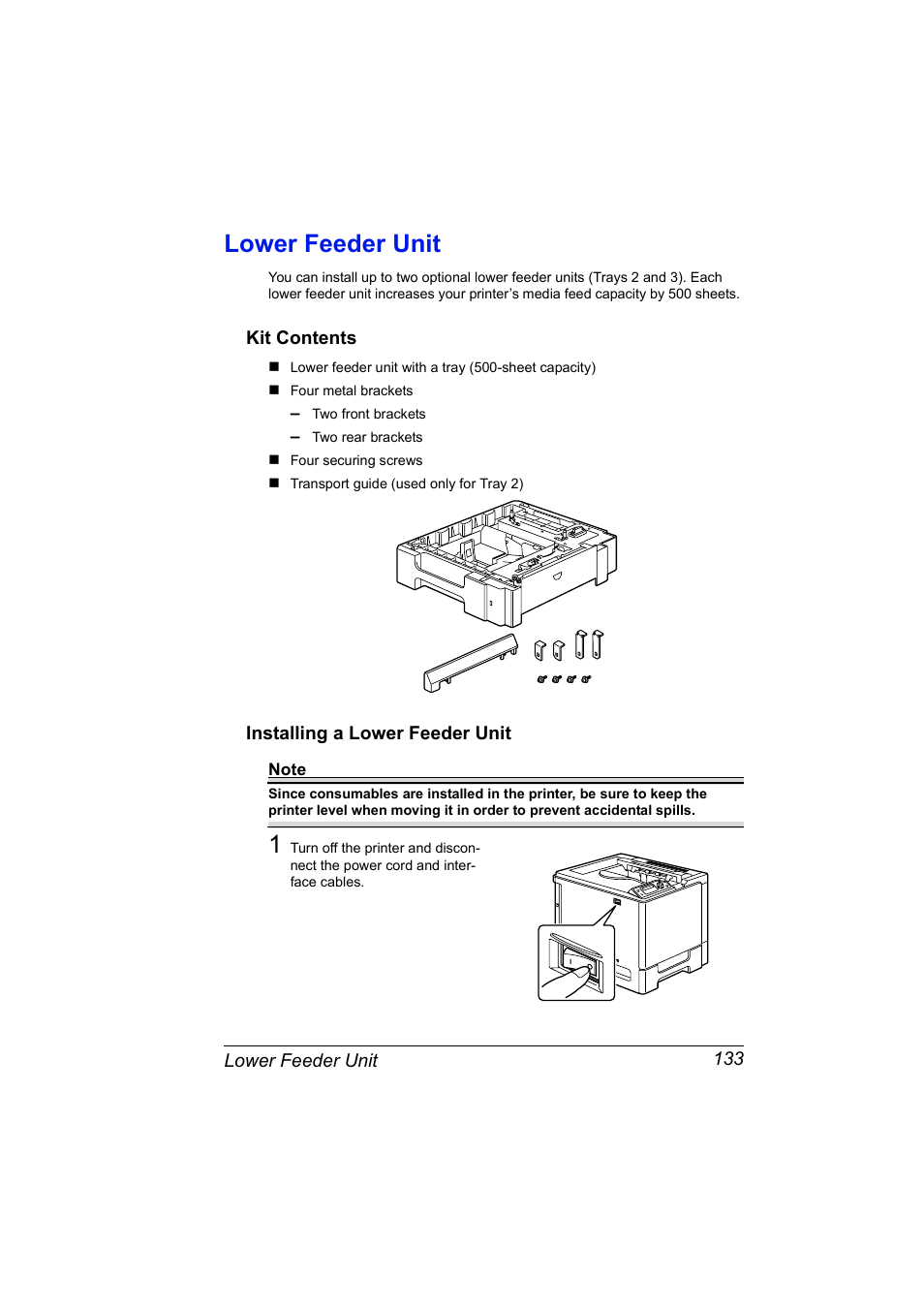 Lower feeder unit, Kit contents, Installing a lower feeder unit | Lower feeder unit 133 | Konica Minolta Magicolor 5430 User Manual | Page 141 / 152