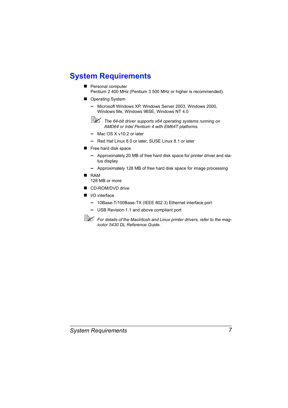 System requirements, System requirements 7 | Konica Minolta Magicolor 5430 User Manual | Page 15 / 152