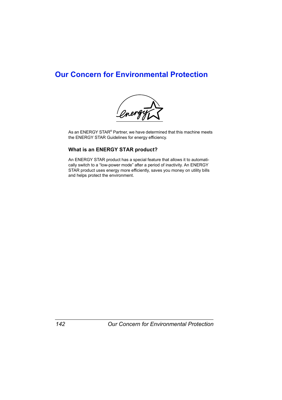 Our concern for environmental protection, What is an energy star product, Our concern for environmental protection 142 | What is an energy star product? 142 | Konica Minolta Magicolor 5430 User Manual | Page 150 / 152