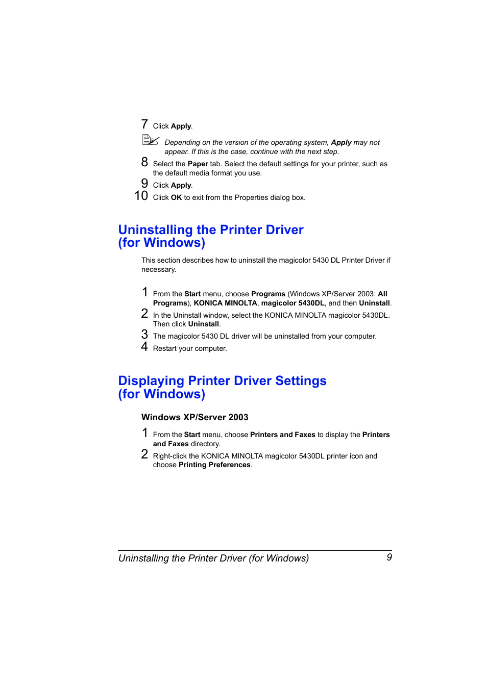 Uninstalling the printer driver (for windows), Displaying printer driver settings (for windows), Windows xp/server 2003 | Windows xp/server 2003 9 | Konica Minolta Magicolor 5430 User Manual | Page 17 / 152