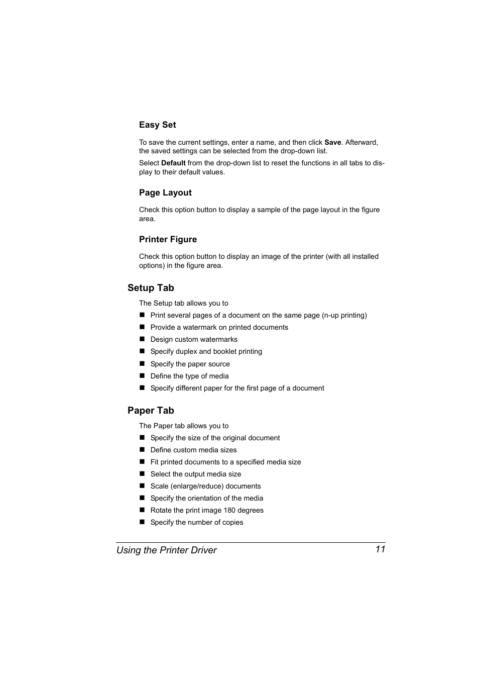 Easy set, Printer figure, Setup tab | Paper tab, Setup tab 11 paper tab 11, Using the printer driver 11 | Konica Minolta Magicolor 5430 User Manual | Page 19 / 152