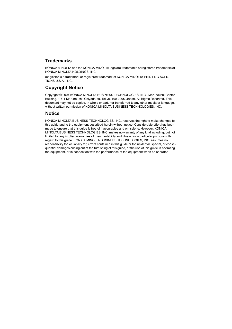Trademarks, Copyright notice, Notice | Konica Minolta Magicolor 5430 User Manual | Page 2 / 152