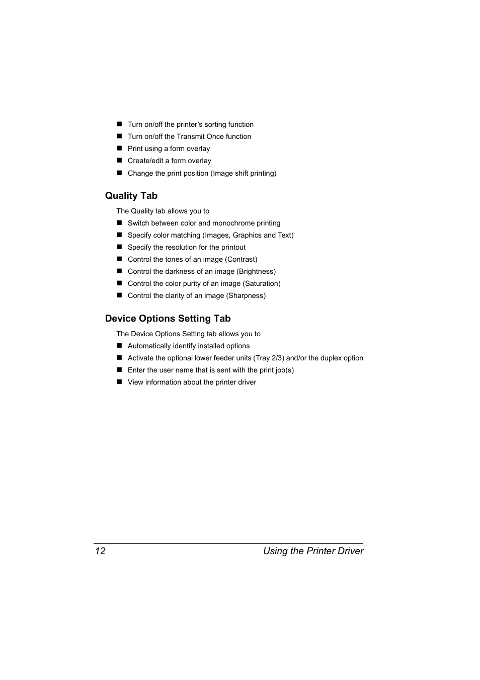 Quality tab, Device options setting tab, Quality tab 12 device options setting tab 12 | Using the printer driver 12 | Konica Minolta Magicolor 5430 User Manual | Page 20 / 152