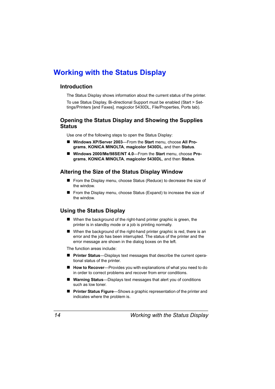 Working with the status display, Introduction, Altering the size of the status display window | Using the status display, Working with the status display 14, Using the status display 14 | Konica Minolta Magicolor 5430 User Manual | Page 22 / 152