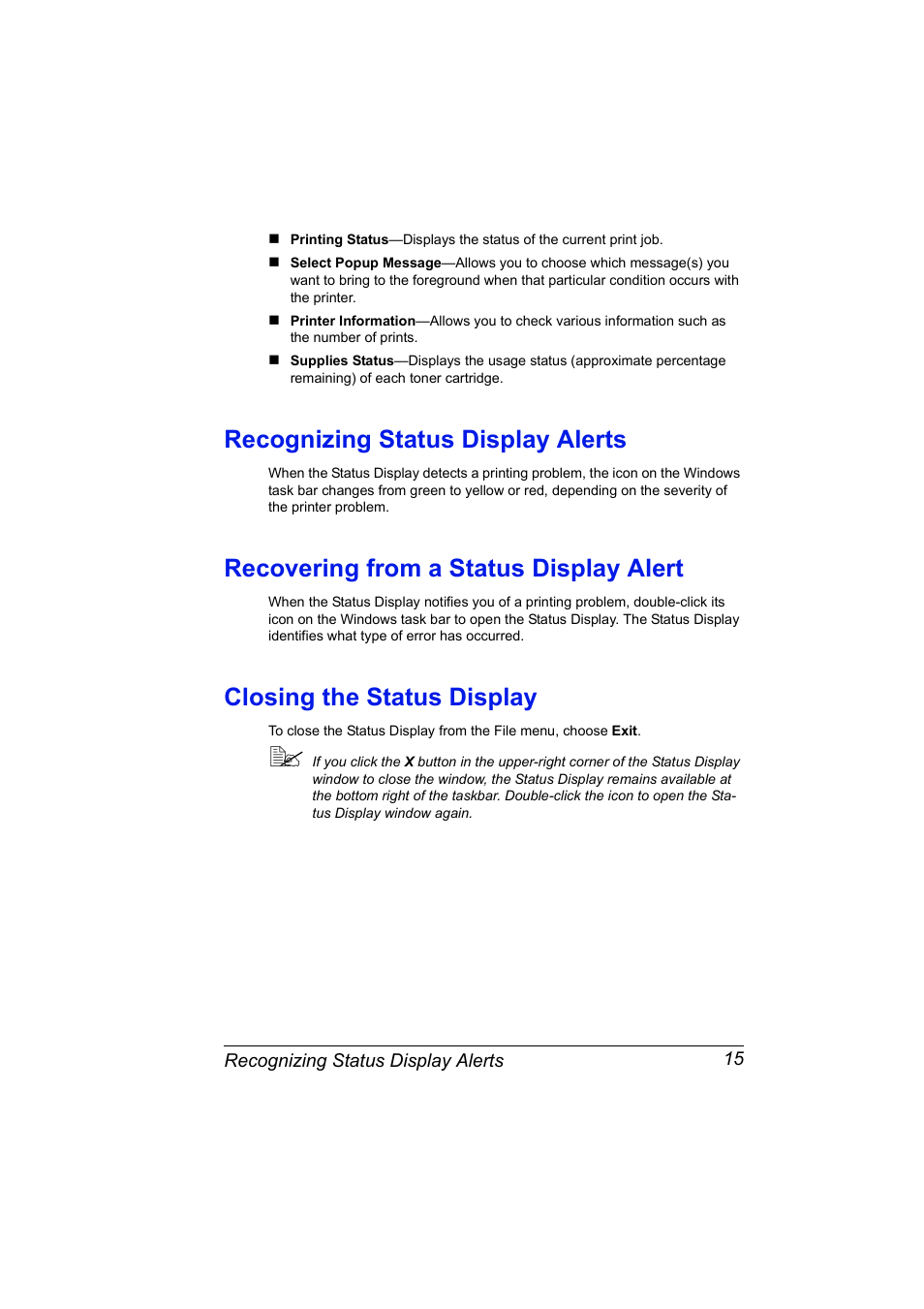 Recognizing status display alerts, Recovering from a status display alert, Closing the status display | Konica Minolta Magicolor 5430 User Manual | Page 23 / 152