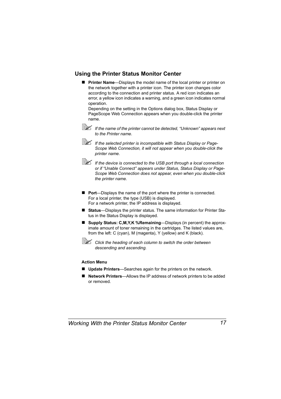 Using the printer status monitor center | Konica Minolta Magicolor 5430 User Manual | Page 25 / 152