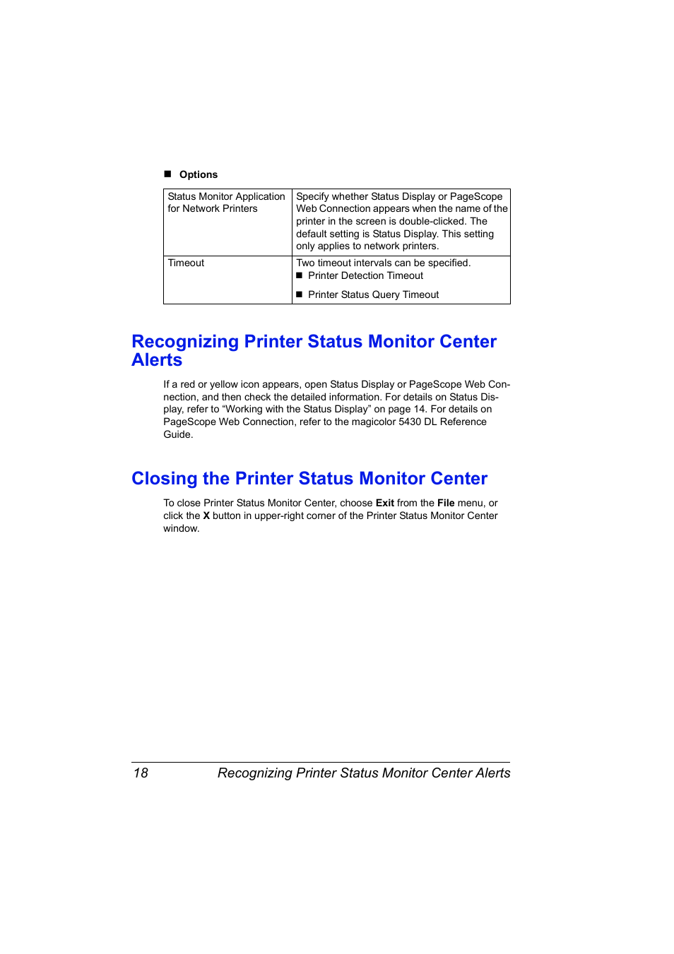 Recognizing printer status monitor center alerts, Closing the printer status monitor center | Konica Minolta Magicolor 5430 User Manual | Page 26 / 152