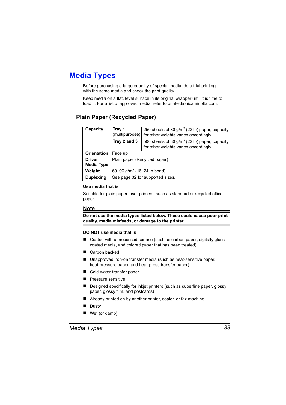 Media types, Plain paper (recycled paper), Media types 33 | Plain paper (recycled paper) 33 | Konica Minolta Magicolor 5430 User Manual | Page 41 / 152
