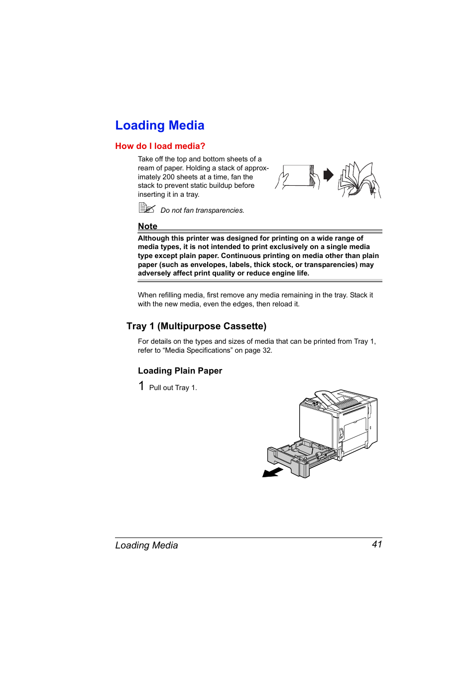 Loading media, Tray 1 (multipurpose cassette), Loading plain paper | Loading media 41, Tray 1 (multipurpose cassette) 41, Loading plain paper 41 | Konica Minolta Magicolor 5430 User Manual | Page 49 / 152