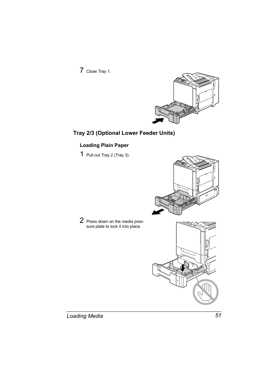Tray 2/3 (optional lower feeder units), Loading plain paper, Tray 2/3 (optional lower feeder units) 51 | Loading plain paper 51 | Konica Minolta Magicolor 5430 User Manual | Page 59 / 152