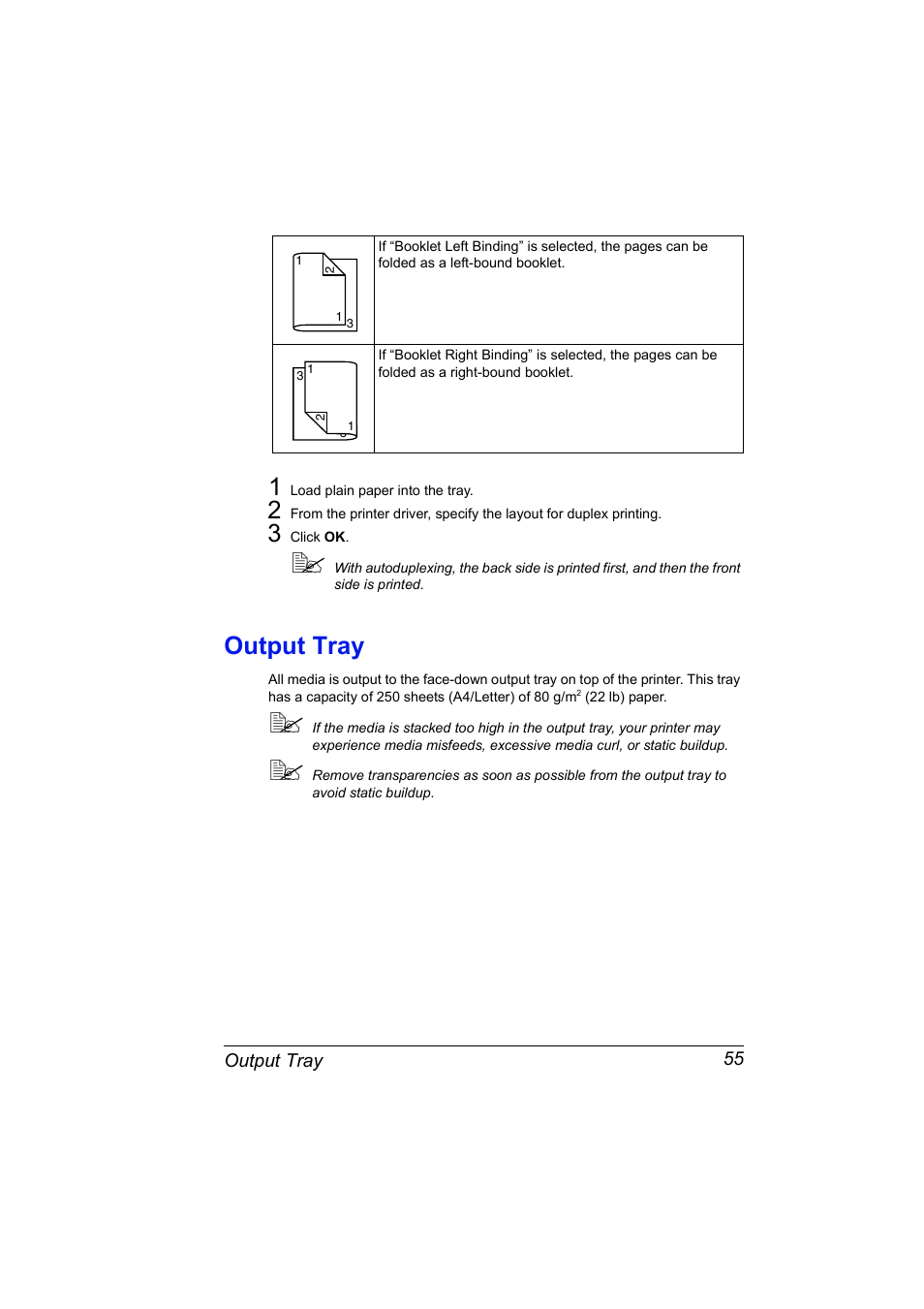 Output tray, Output tray 55 | Konica Minolta Magicolor 5430 User Manual | Page 63 / 152