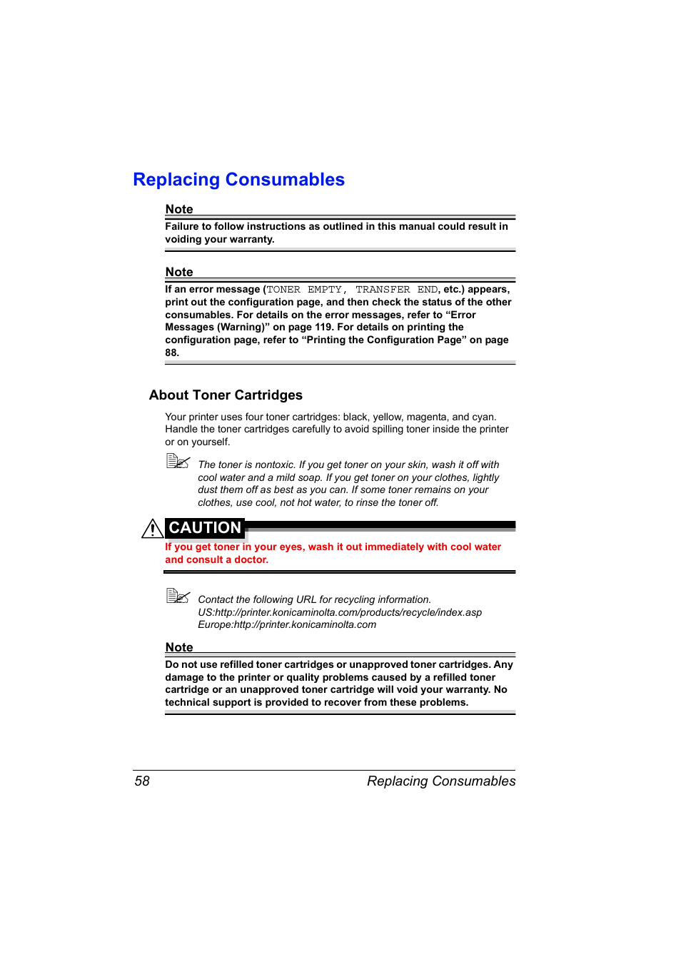 Replacing consumables, About toner cartridges, Replacing consumables 58 | About toner cartridges 58, Caution | Konica Minolta Magicolor 5430 User Manual | Page 66 / 152