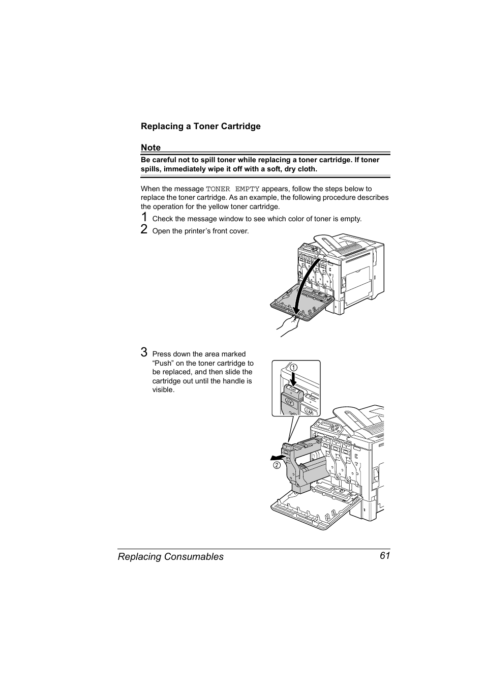 Replacing a toner cartridge, Replacing a toner cartridge 61 | Konica Minolta Magicolor 5430 User Manual | Page 69 / 152