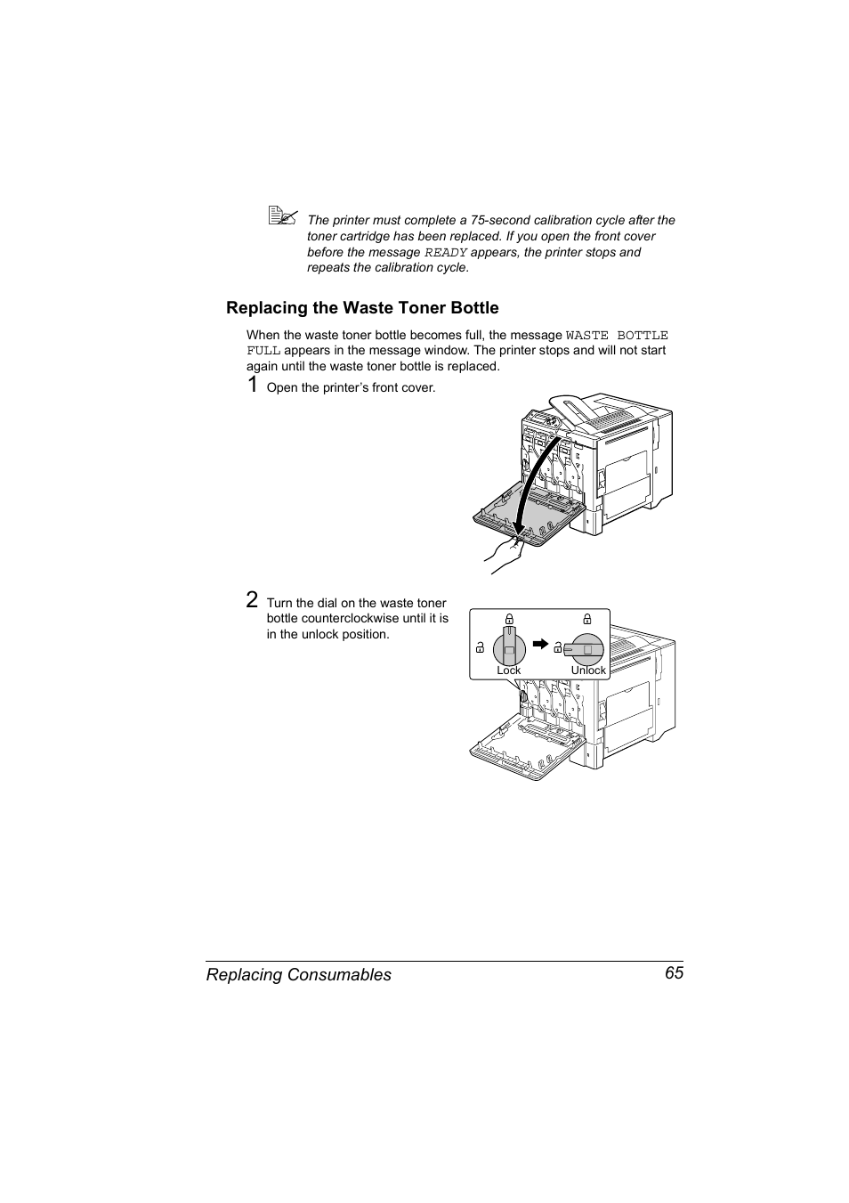 Replacing the waste toner bottle, Replacing the waste toner bottle 65 | Konica Minolta Magicolor 5430 User Manual | Page 73 / 152