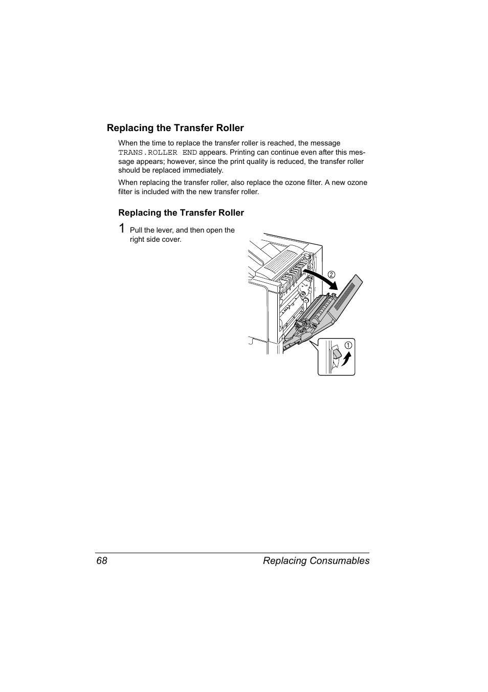 Replacing the transfer roller, Replacing the transfer roller 68 | Konica Minolta Magicolor 5430 User Manual | Page 76 / 152