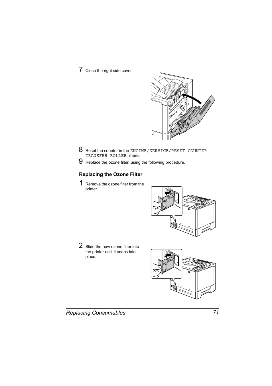Replacing the ozone filter, Replacing the ozone filter 71 | Konica Minolta Magicolor 5430 User Manual | Page 79 / 152