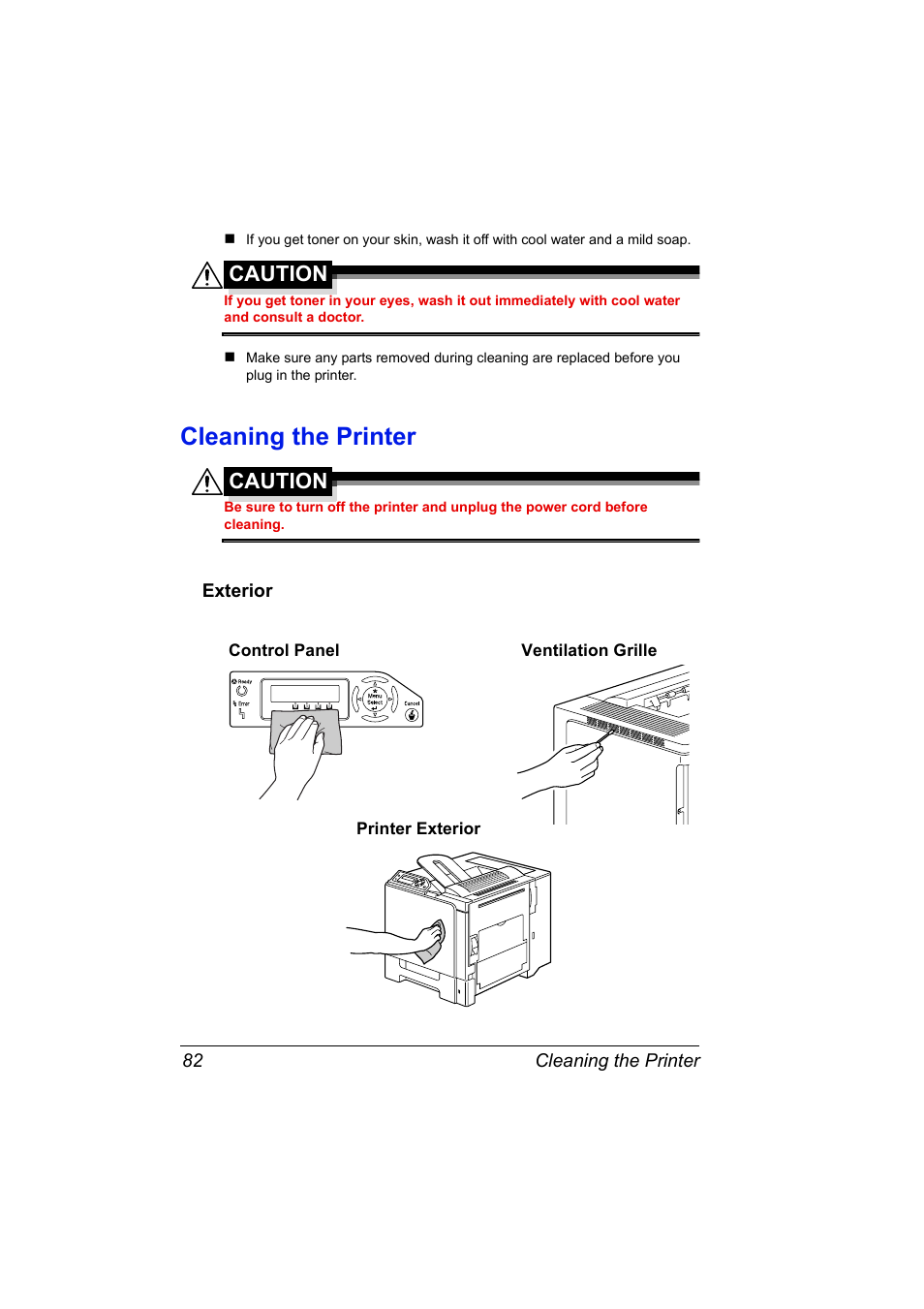 Cleaning the printer, Exterior, Cleaning the printer 82 | Exterior 82, Caution | Konica Minolta Magicolor 5430 User Manual | Page 90 / 152