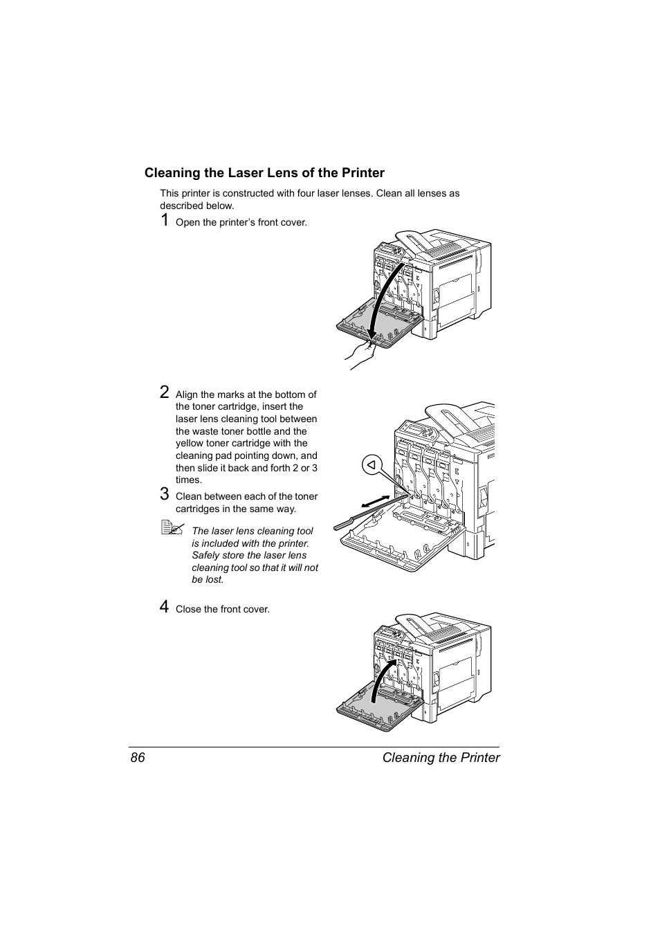 Cleaning the laser lens of the printer, Cleaning the laser lens of the printer 86 | Konica Minolta Magicolor 5430 User Manual | Page 94 / 152