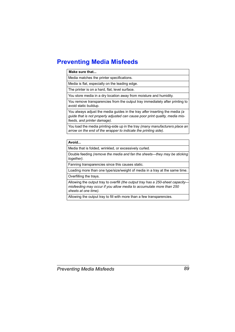 Preventing media misfeeds, Preventing media misfeeds 89 | Konica Minolta Magicolor 5430 User Manual | Page 97 / 152