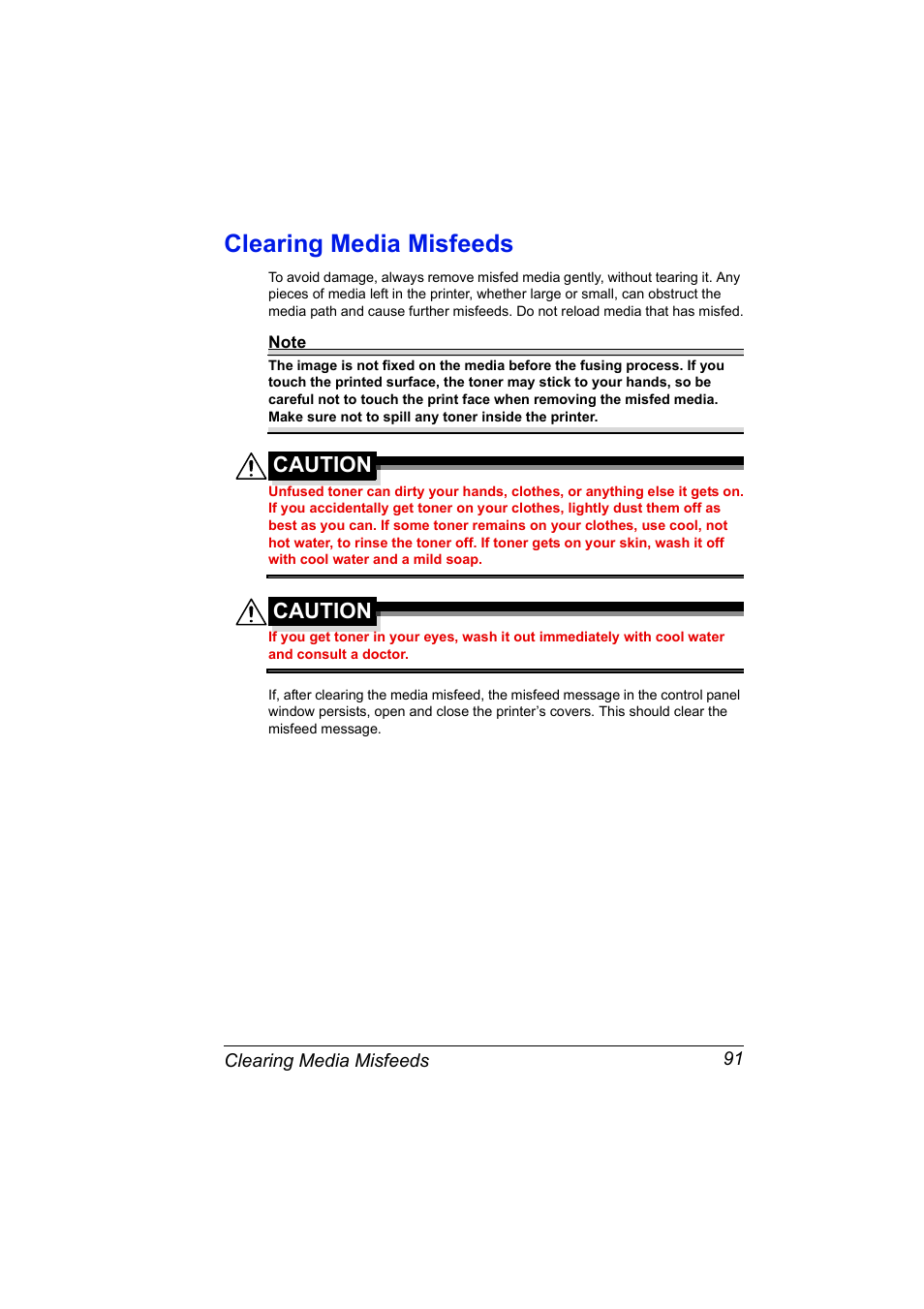 Clearing media misfeeds, Clearing media misfeeds 91, Caution | Konica Minolta Magicolor 5430 User Manual | Page 99 / 152