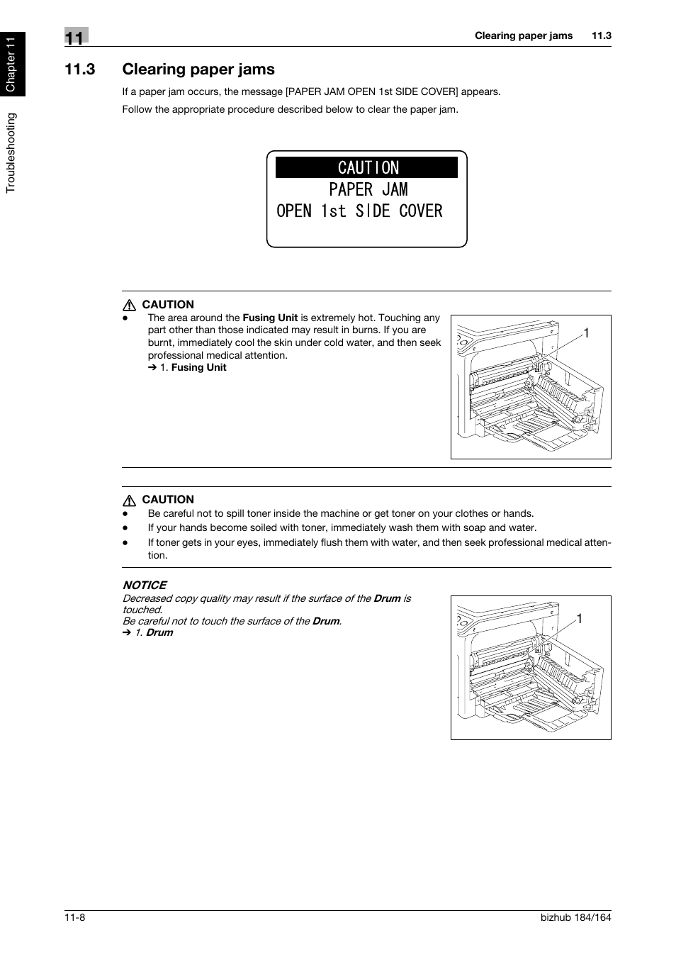 3 clearing paper jams, Clearing paper jams -8, P. 11-8) | Konica Minolta bizhub 184 User Manual | Page 105 / 124