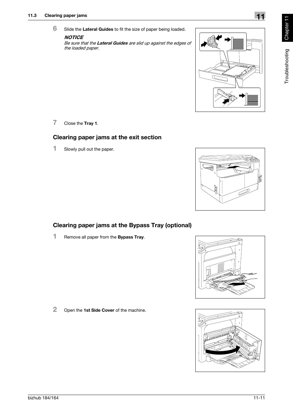 Clearing paper jams at the exit section, Clearing paper jams at the bypass tray (optional) | Konica Minolta bizhub 184 User Manual | Page 108 / 124