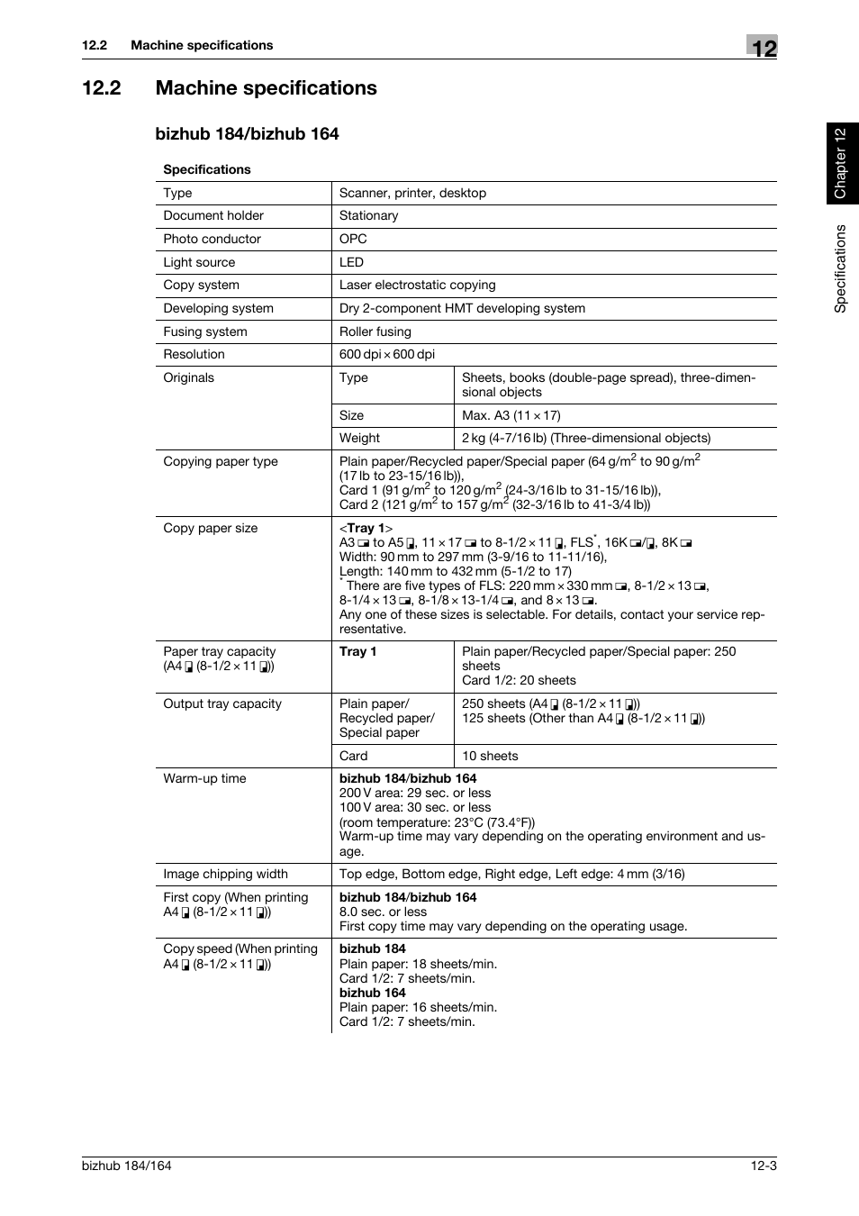 2 machine specifications, Bizhub 184/bizhub 164, Machine specifications -3 bizhub 184/bizhub 164 -3 | Konica Minolta bizhub 184 User Manual | Page 112 / 124