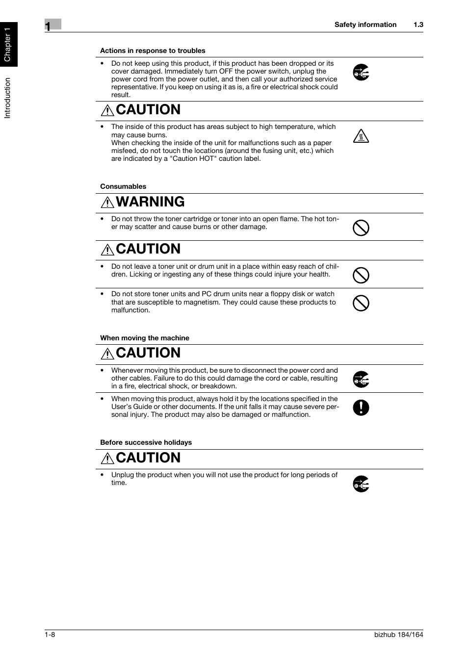 Caution, Warning | Konica Minolta bizhub 184 User Manual | Page 13 / 124