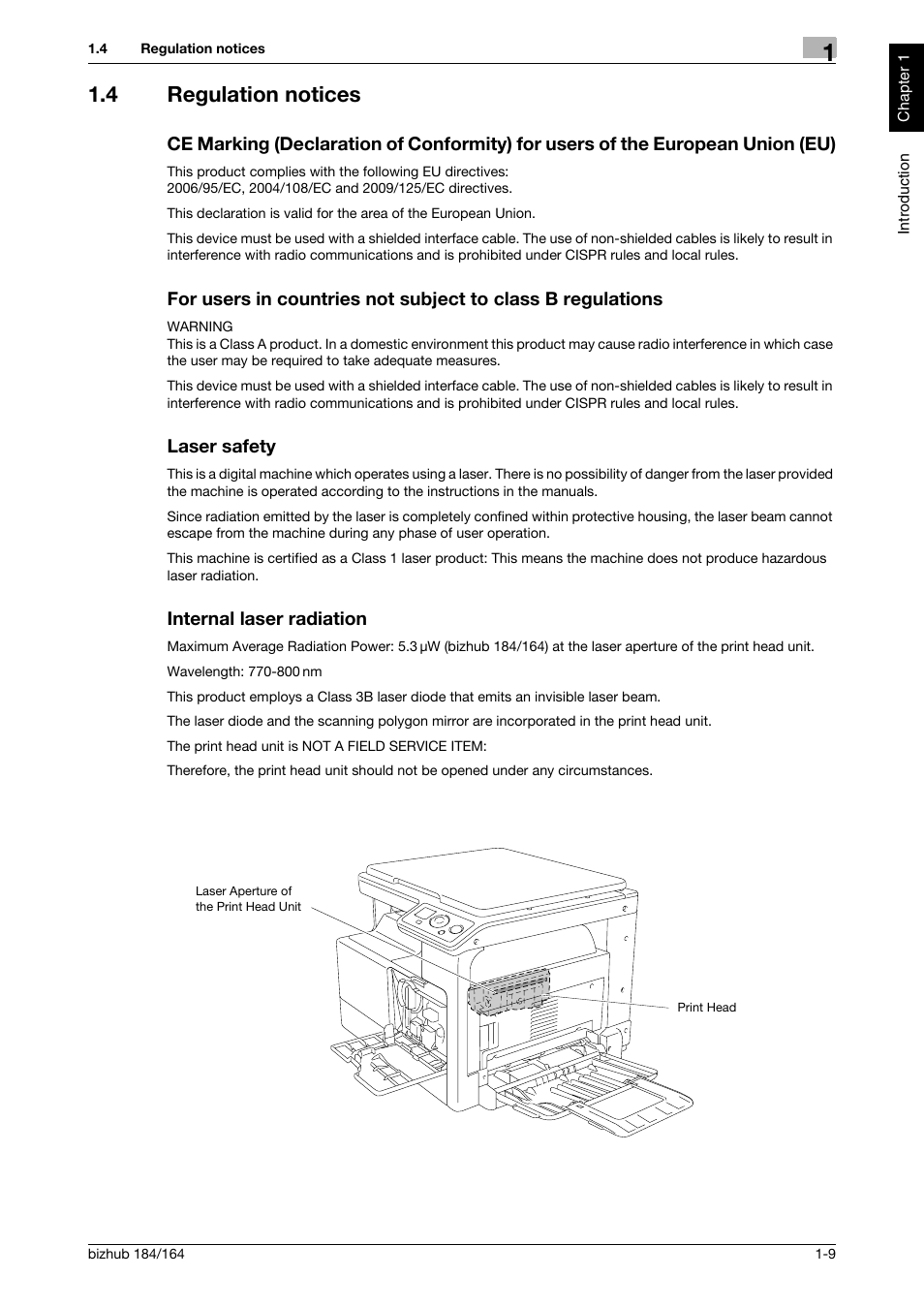 4 regulation notices, Laser safety, Internal laser radiation | Konica Minolta bizhub 184 User Manual | Page 14 / 124