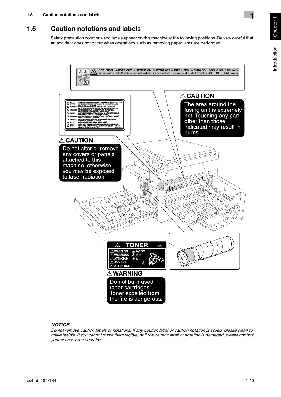 5 caution notations and labels, Caution notations and labels -13 | Konica Minolta bizhub 184 User Manual | Page 18 / 124