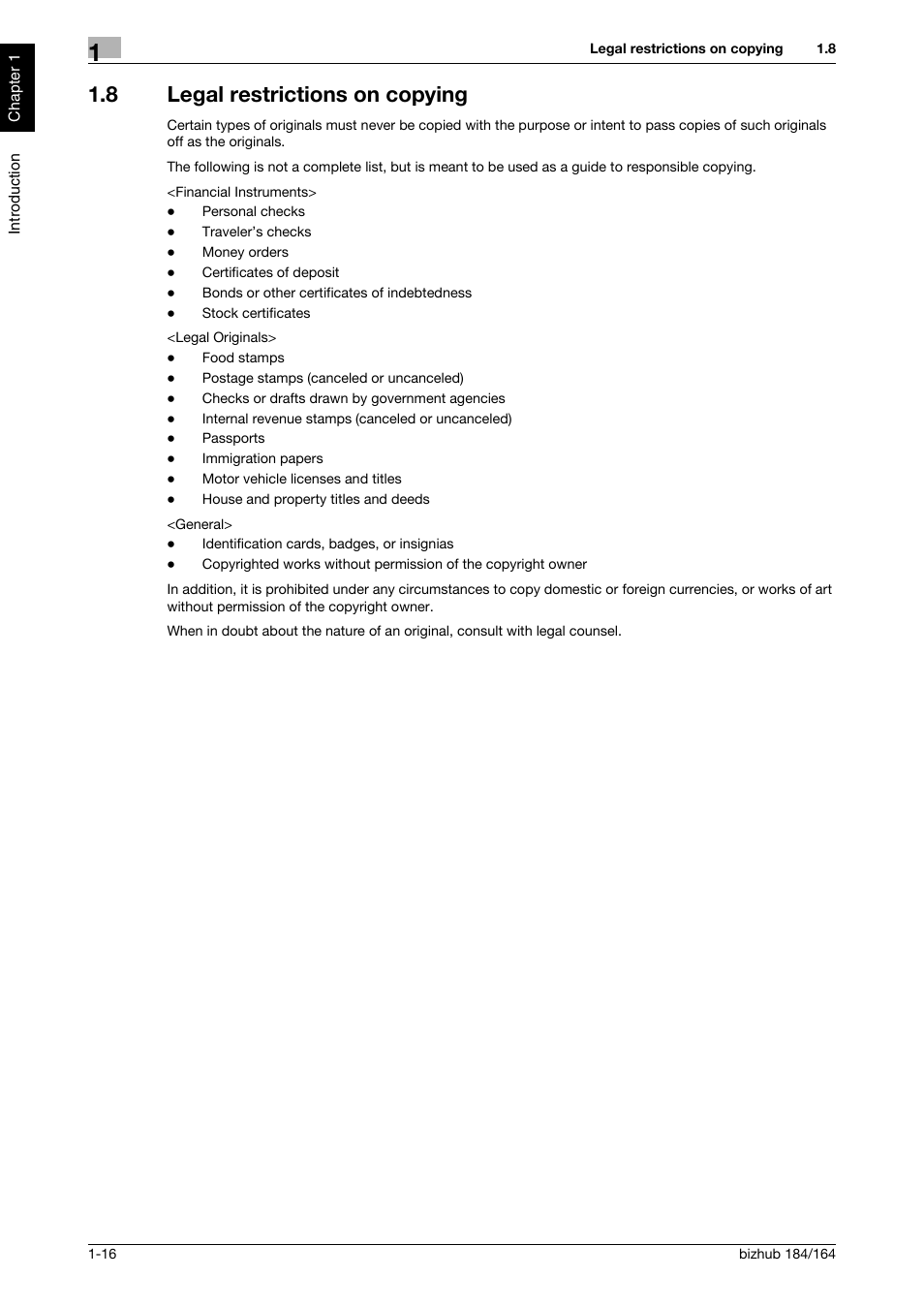 8 legal restrictions on copying, Legal restrictions on copying -16 | Konica Minolta bizhub 184 User Manual | Page 21 / 124