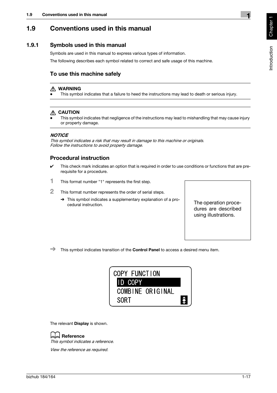 9 conventions used in this manual, 1 symbols used in this manual, To use this machine safely | Procedural instruction, Conventions used in this manual -17 | Konica Minolta bizhub 184 User Manual | Page 22 / 124