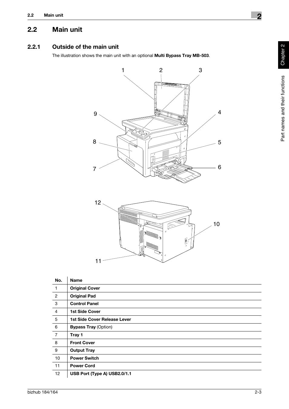 2 main unit, 1 outside of the main unit, Main unit -3 | Outside of the main unit -3 | Konica Minolta bizhub 184 User Manual | Page 26 / 124