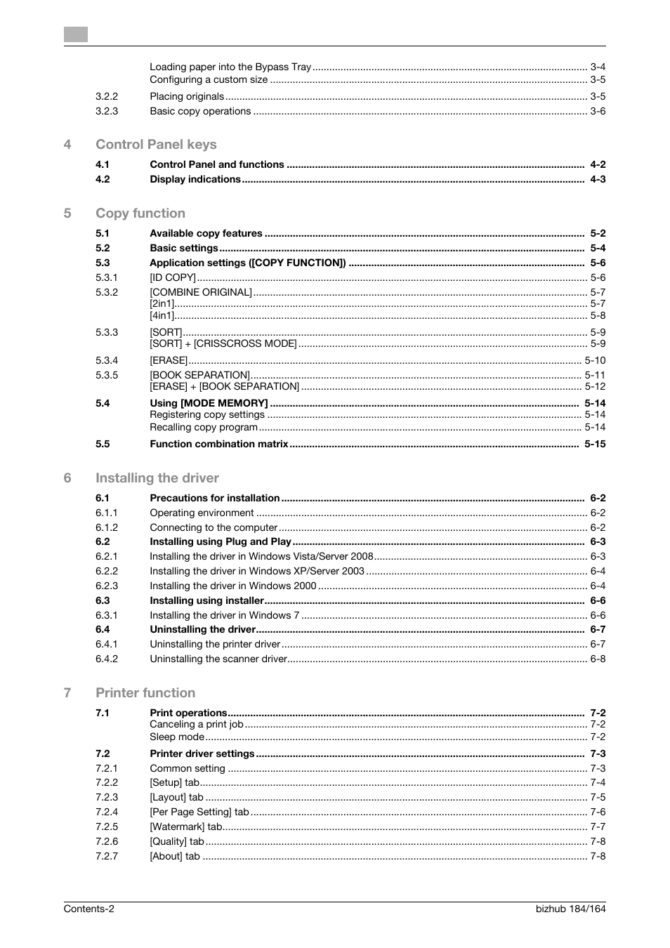 4control panel keys, 5copy function, 6installing the driver | 7printer function | Konica Minolta bizhub 184 User Manual | Page 3 / 124