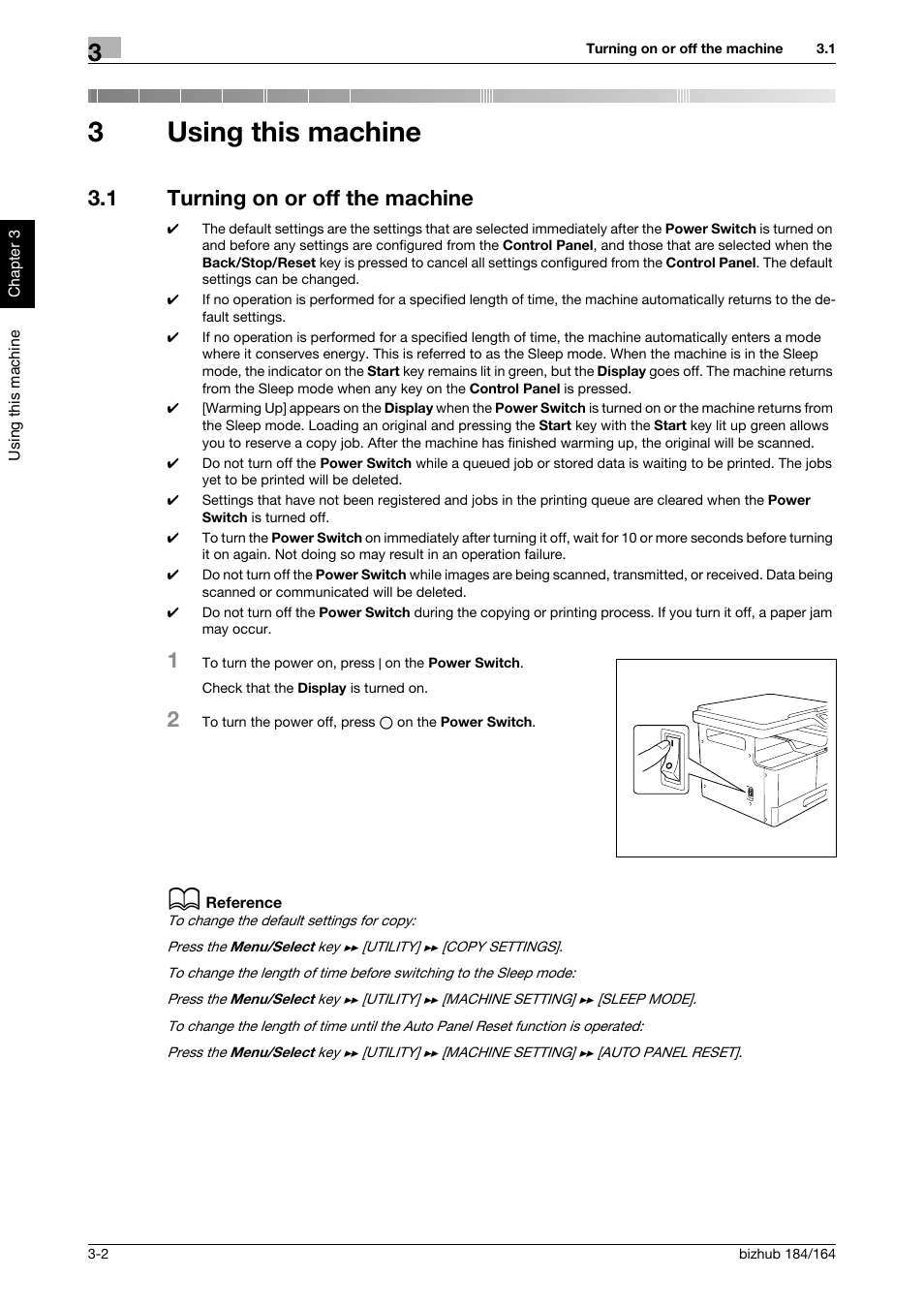 3 using this machine, 1 turning on or off the machine, Using this machine | Turning on or off the machine -2, 3using this machine | Konica Minolta bizhub 184 User Manual | Page 31 / 124