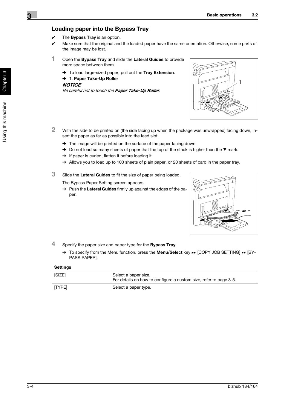 Loading paper into the bypass tray, Loading paper into the bypass tray -4 | Konica Minolta bizhub 184 User Manual | Page 33 / 124