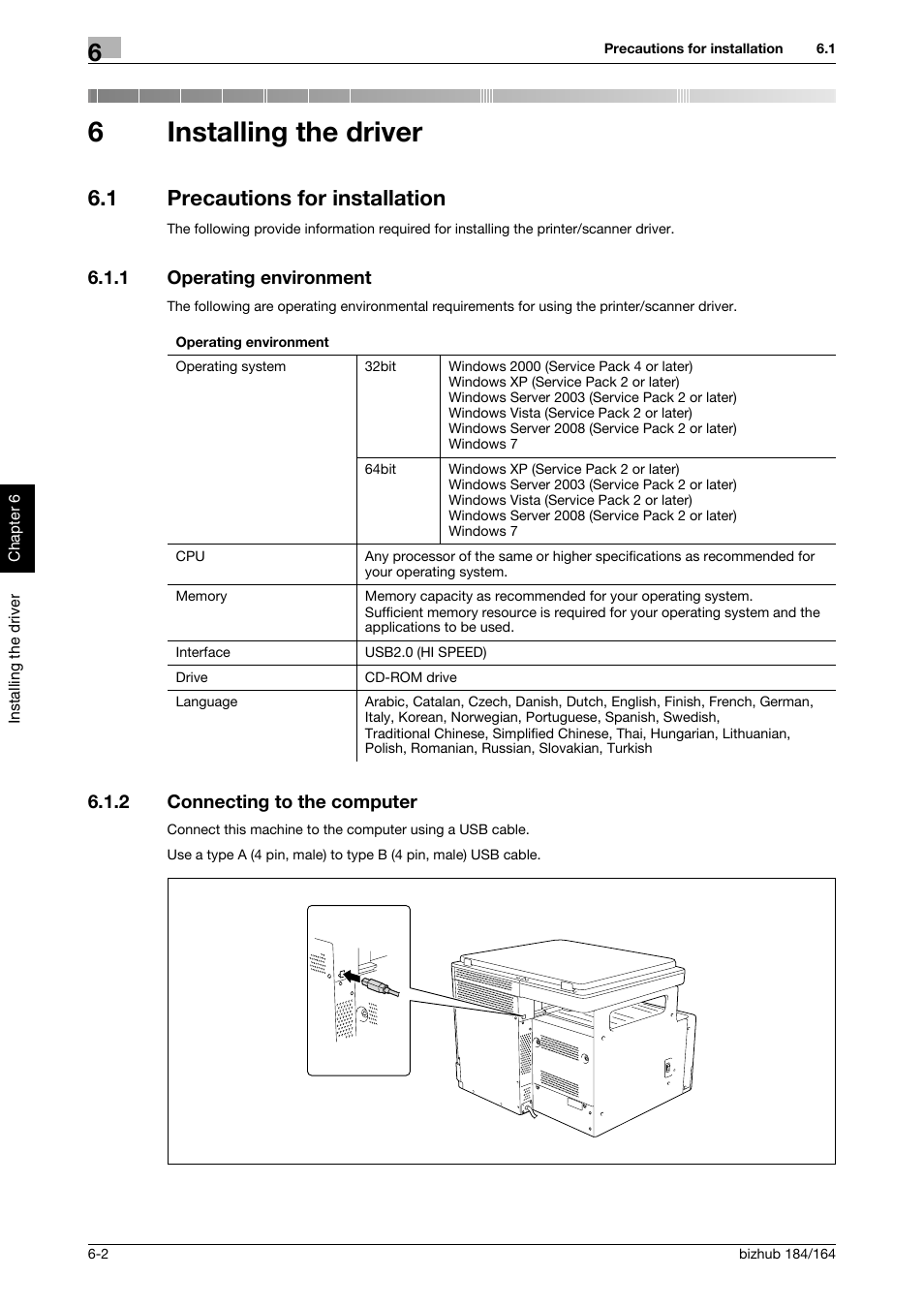 6 installing the driver, 1 precautions for installation, 1 operating environment | 2 connecting to the computer, Installing the driver, Precautions for installation -2, Operating environment -2, Connecting to the computer -2, 6installing the driver | Konica Minolta bizhub 184 User Manual | Page 59 / 124